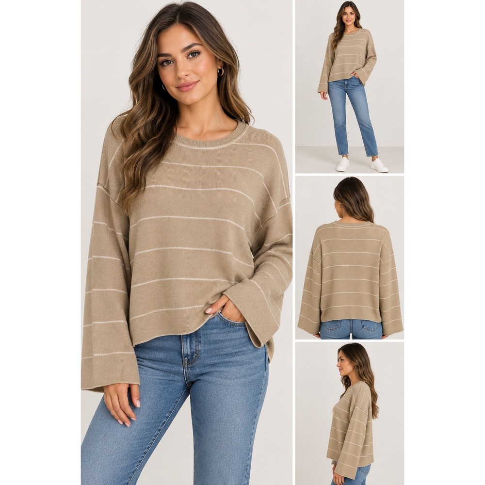 Max Studio London Womens Husk Ivory Striped Bell Sleeve Crew Neck Sweater L NEW